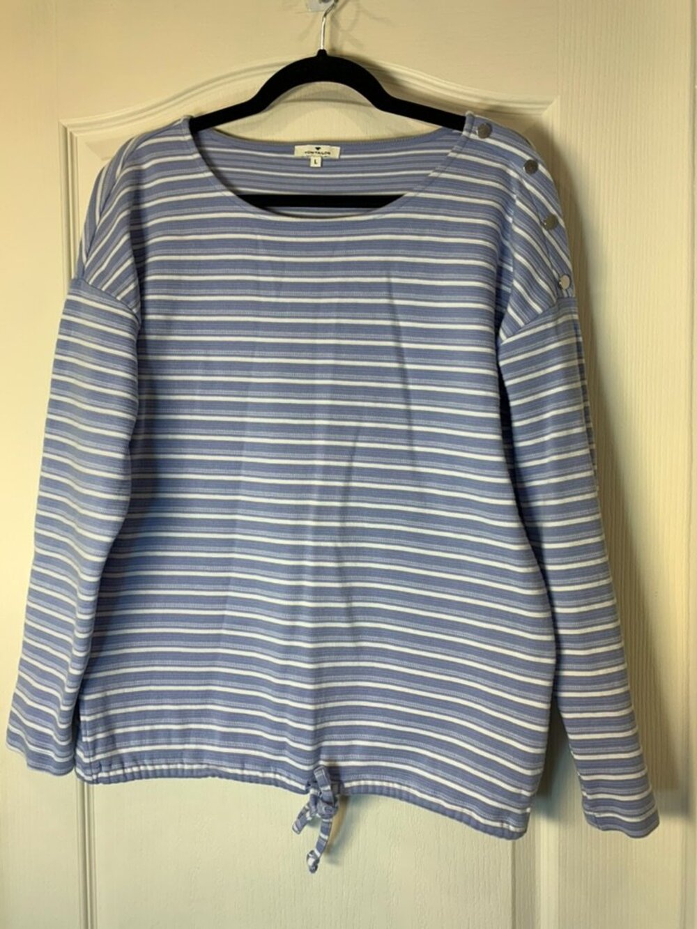Tom Tailor Blue & White Striped Nautical Top with Shoulder Buttons & Tie Hem L